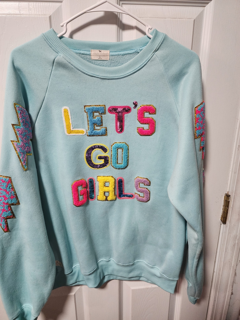 Simply Southern Aqua Crewneck Sweatshirt with Multicolor Chenille Patches